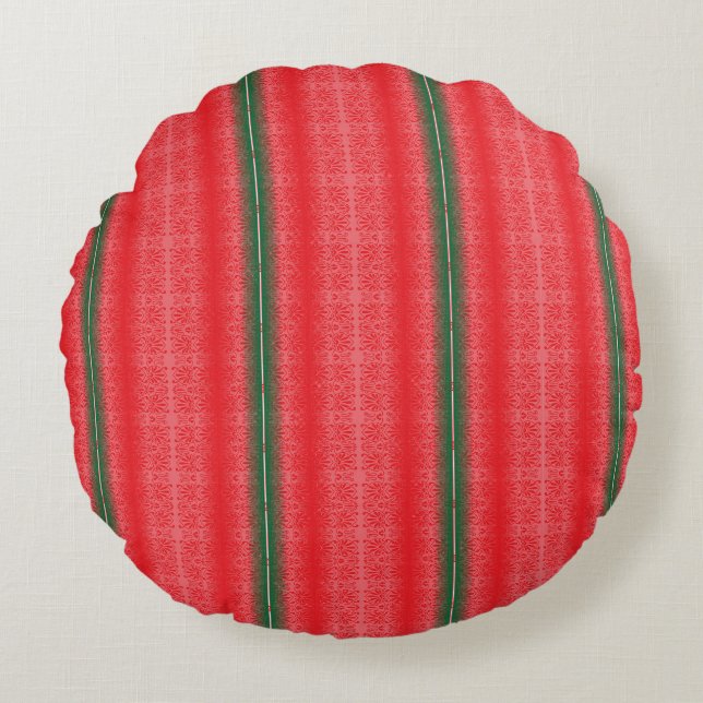 a red and green striped background round cushion (Front)