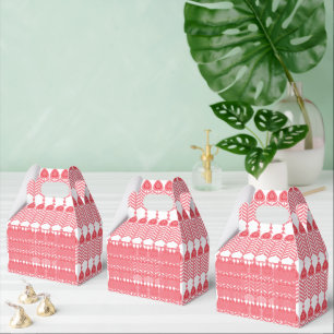 A red and pink geometric pattern featuring interlo favour box