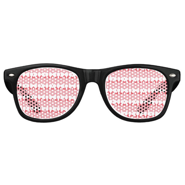 A red and pink geometric pattern featuring interlo retro sunglasses (Front)