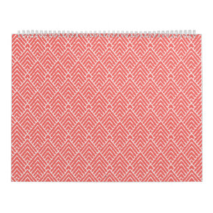 a red and white background with a pattern calendar