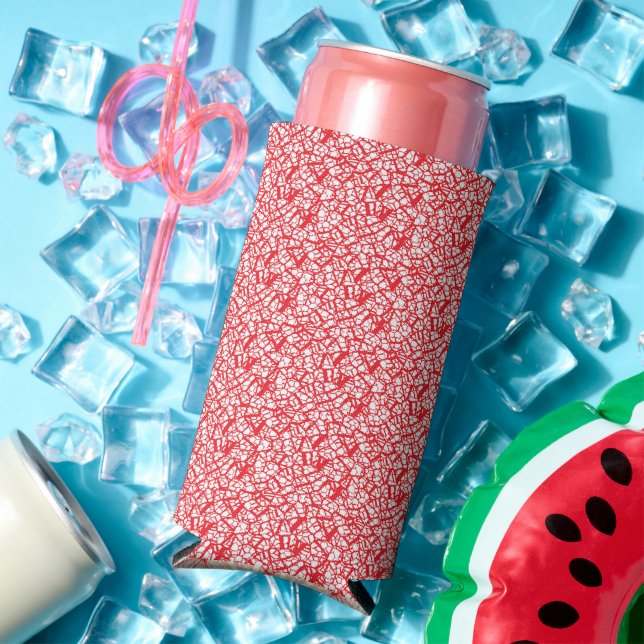 a red and white background with a pattern seltzer can cooler (In Situ Summer)