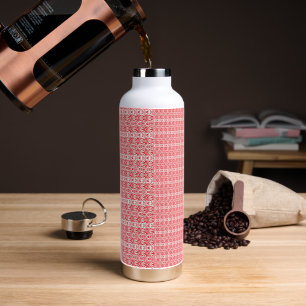 a red and white background with a pattern water bottle