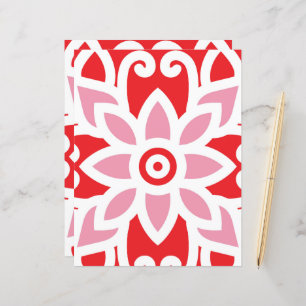 a red and white pattern with a flower on it