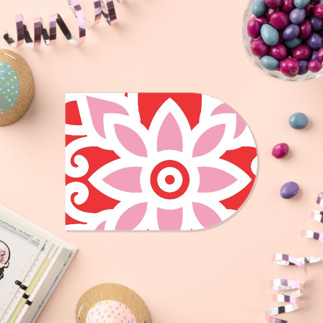 a red and white pattern with a flower on it acrylic invitations (Insitu (Celebration))