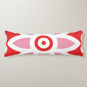 a red and white pattern with a flower on it body cushion