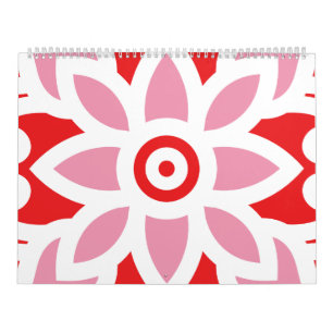 a red and white pattern with a flower on it calendar