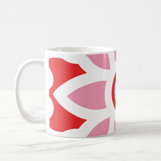 a red and white pattern with a flower on it coffee mug (Left)