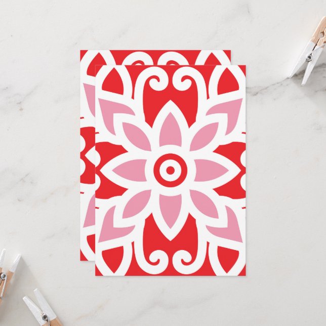 a red and white pattern with a flower on it invitation (Front/Back In Situ)