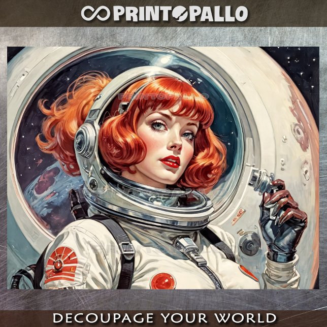 A red astronaut woman heading to the moon in 1950s tissue paper (Creator Uploaded)