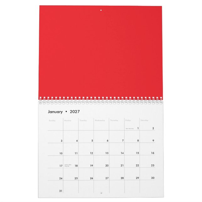 a red background with a white border calendar (Jan 2027)