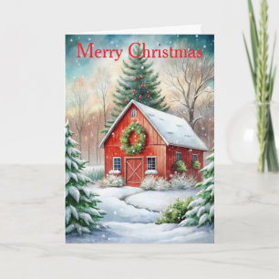 A Red Barn at Christmas Holiday Card