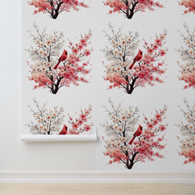 A Red Cardinal on Cherry Blossom Tree Branches Wallpaper (Application)