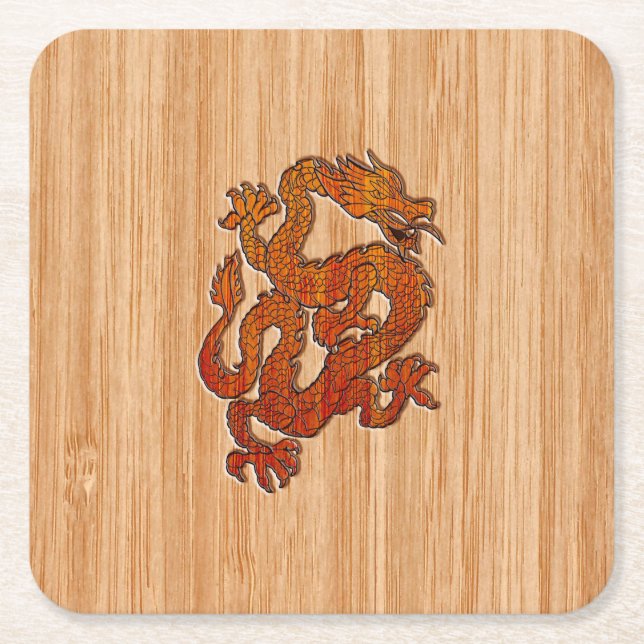 A red Dragon on Bamboo like Square Paper Coaster (Front)