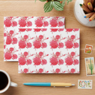 a red flower on a white background envelope