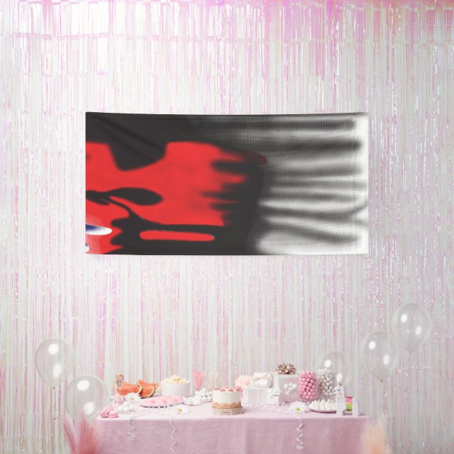 A red graphic design featuring bold geometric shap banner (Party)