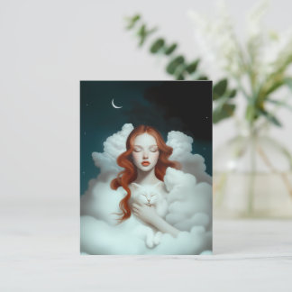 A Red Haired Woman Holding a Cat In The Clouds Postcard