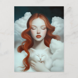A Red Haired Woman Holding a Cat In The Clouds  Postcard