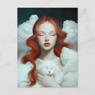 A Red Haired Woman Holding a Cat In The Clouds  Postcard