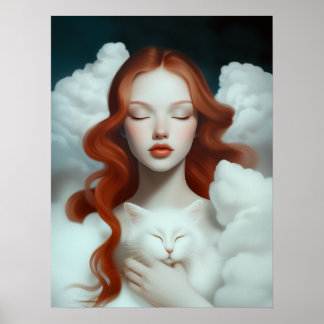 A Red Haired Woman Holding a Cat In The Clouds Poster