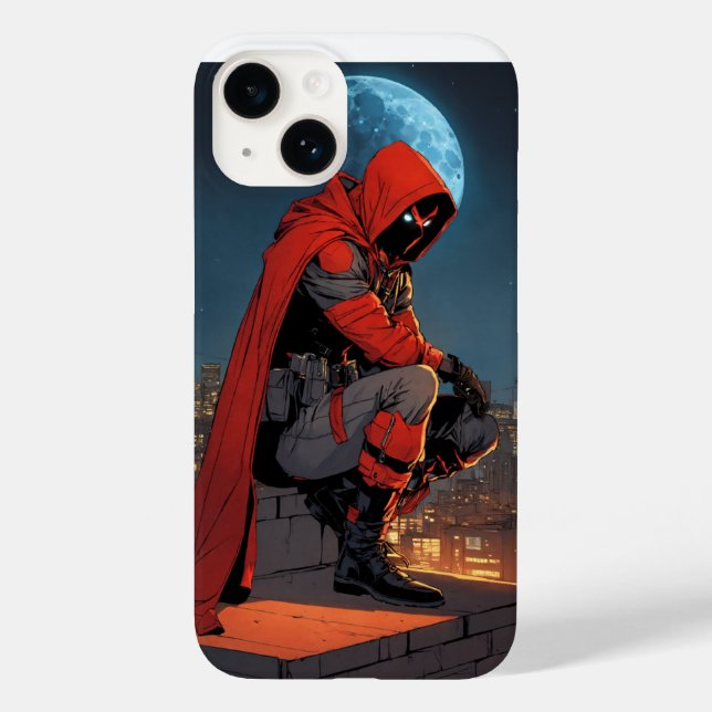 A red hooded figure crouches low on a moonlit roof Case-Mate iPhone case (Back)