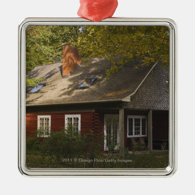 A Red Log Home Metal Tree Decoration (Front)
