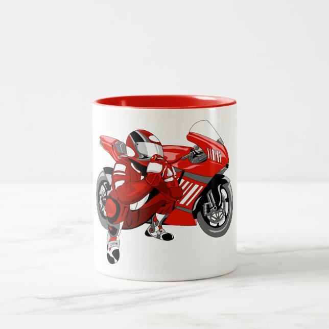 A red motorbike and its pilot Two-Tone coffee mug (Center)