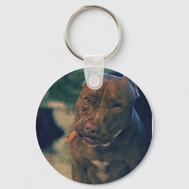 A Red Nose Pit Bull Chewing a Cigar Key Ring (Front)
