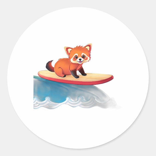 A Red Panda on a Surf Board  Classic Round Sticker (Front)