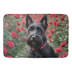 "A Red Rose for the Black Scottish Terrier" Bath Mat
