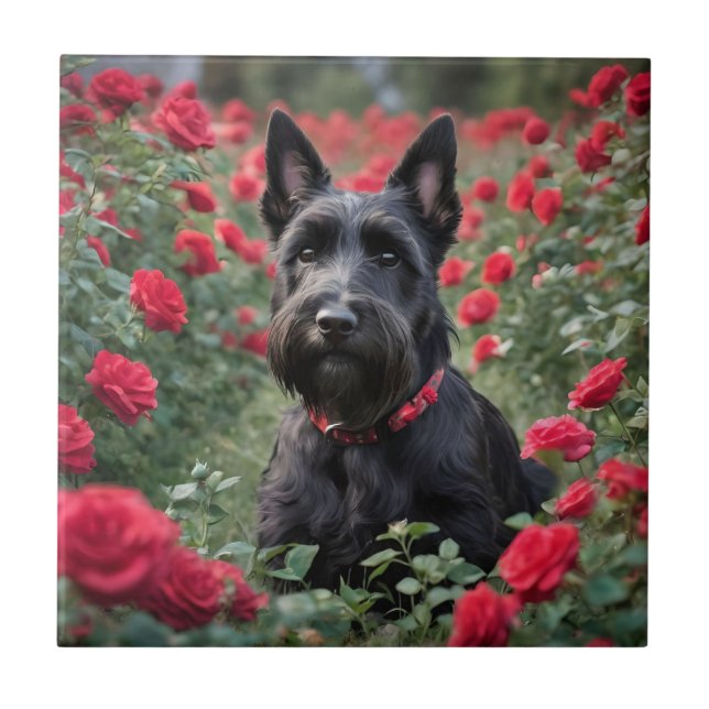 "A Red Rose for the Black Scottish Terrier" Ceramic Tile (Front)
