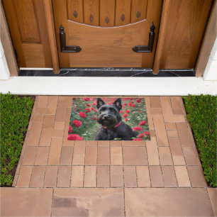 "A Red Rose for the Black Scottish Terrier" Doormat