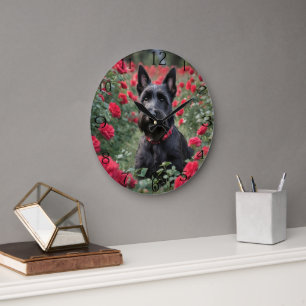 "A Red Rose for the Black Scottish Terrier" Large Clock