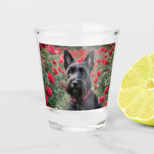 "A Red Rose for the Black Scottish Terrier" Shot Glass