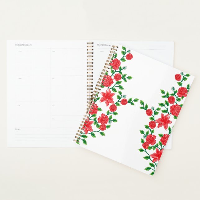A red rose with detailed petals, depicted in a cli planner (Display)