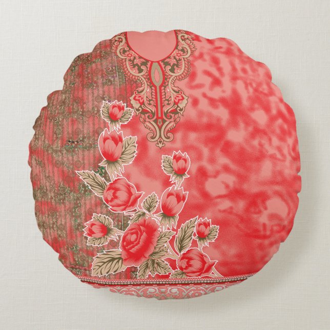 a red scarf with flowers on it round cushion (Front)
