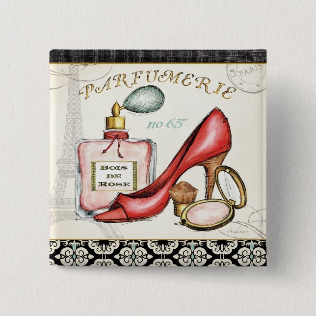 A Red Shoe, A Bottle of Perfume, and Blush Powder 15 Cm Square Badge (Front)