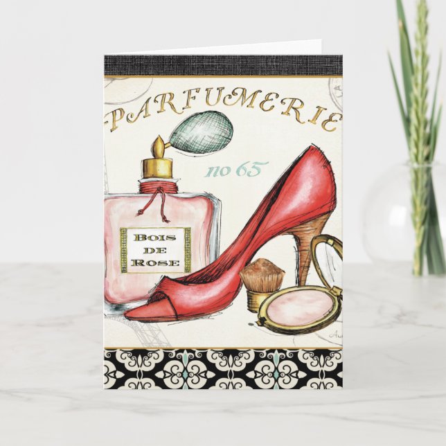 A Red Shoe, A Bottle of Perfume, and Blush Powder Card (Front)