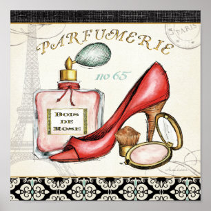 A Red Shoe, A Bottle of Perfume, and Blush Powder Poster