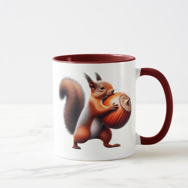 A red squirrel hugs a hazel against him. mug (Right)