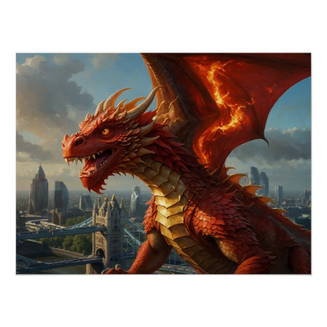 A Red Welsh Dragon Terrorizes London Poster (Front)