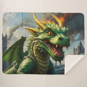A Red Welsh Dragon Terrorizes London Sherpa Blanket