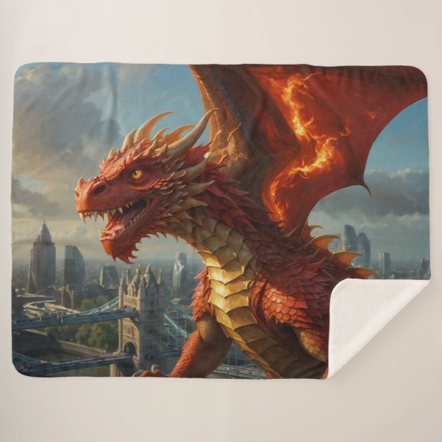 A Red Welsh Dragon Terrorizes London Sherpa Blanket (Front (Horizontal))