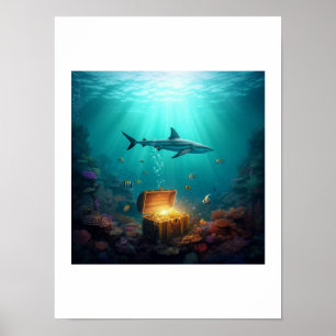 A reef shark guarding a treasure poster