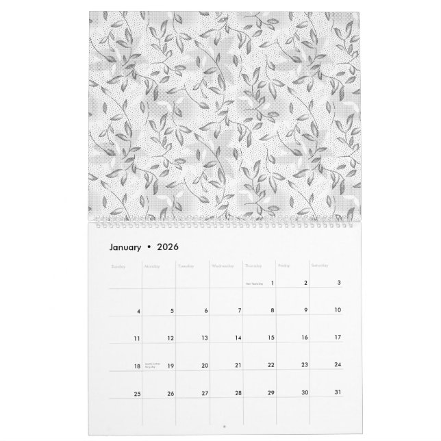 A refined black and white floral motif, highlighti calendar (Jan 2026)