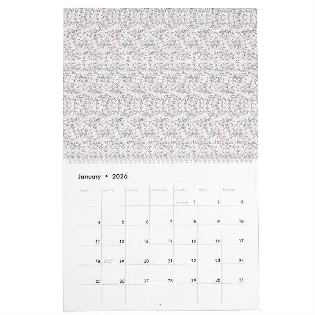 A refined floral motif in white and grey, presenti calendar (Jan 2026)