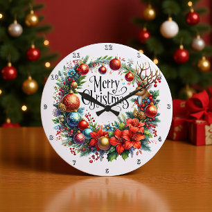 A Reindeer and Festive Poinsettia Wreath Large Clock