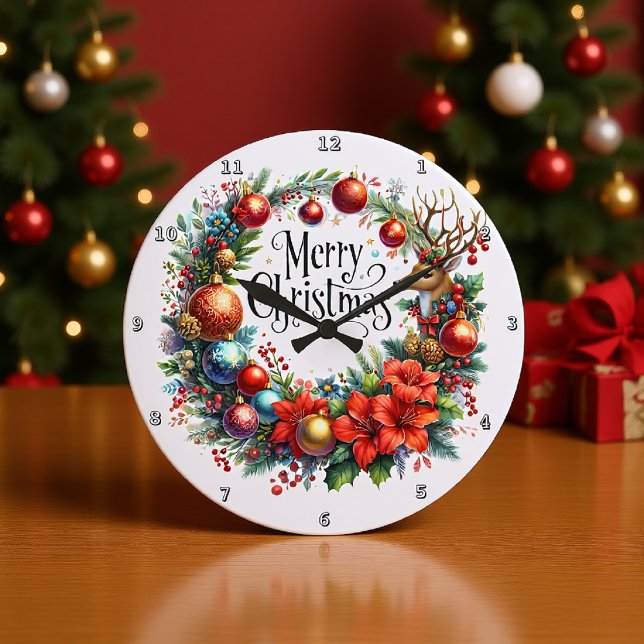 A Reindeer and Festive Poinsettia Wreath Large Clock (Creator Uploaded)