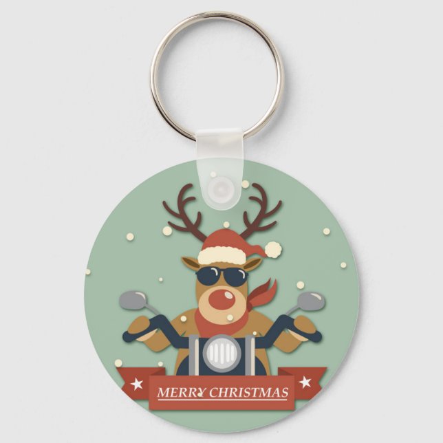 A reindeer sunglasses riding motorcycle key ring (Front)