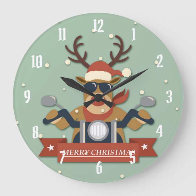 A reindeer sunglasses riding motorcycle large clock (Front)
