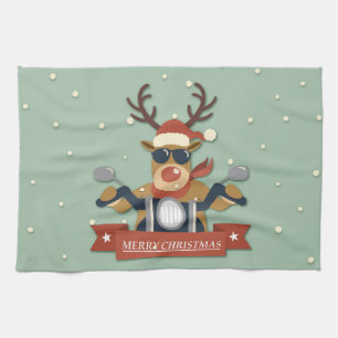 A reindeer sunglasses riding motorcycle tea towel